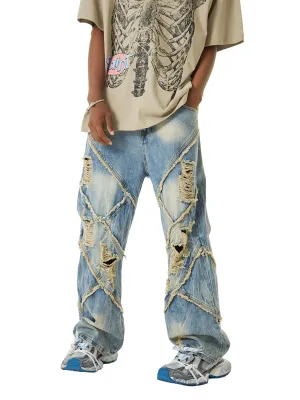 1984 Heavy Washed Ripped Plaid Stitching Hip-Hop Jeans - 2174