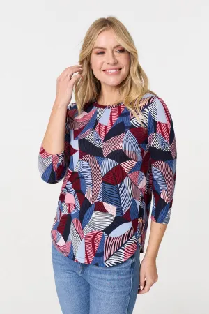 Abstract Print 3/4 Sleeve Curve Hem Top