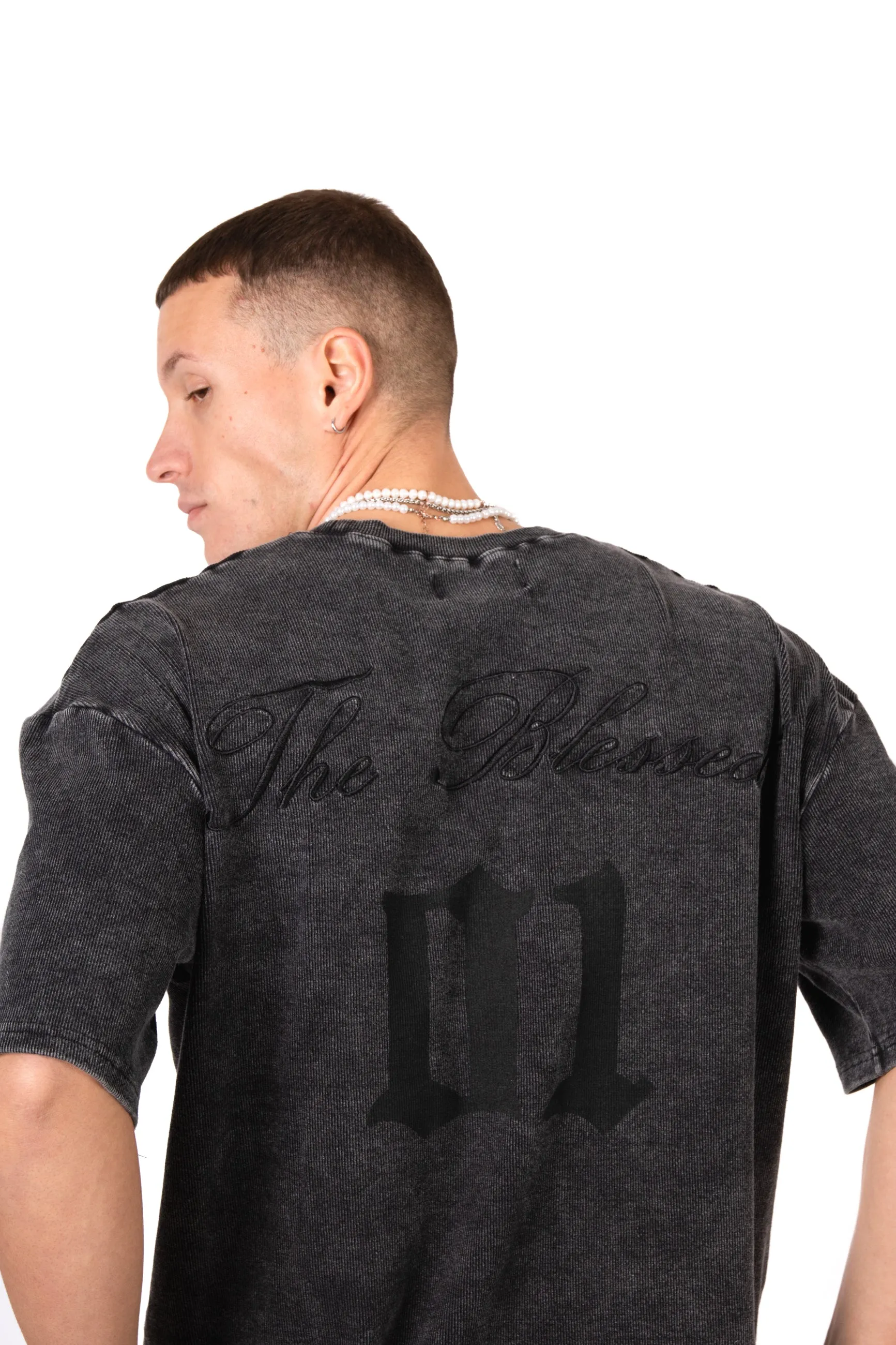 Acid Black Ribbed 'The Blessed 01' Varsity T-shirt