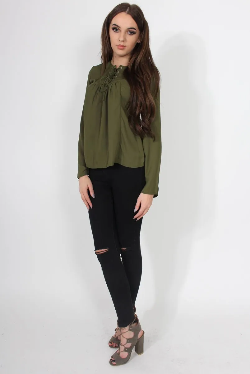 Andrea Khaki Long Sleeve Tie Top