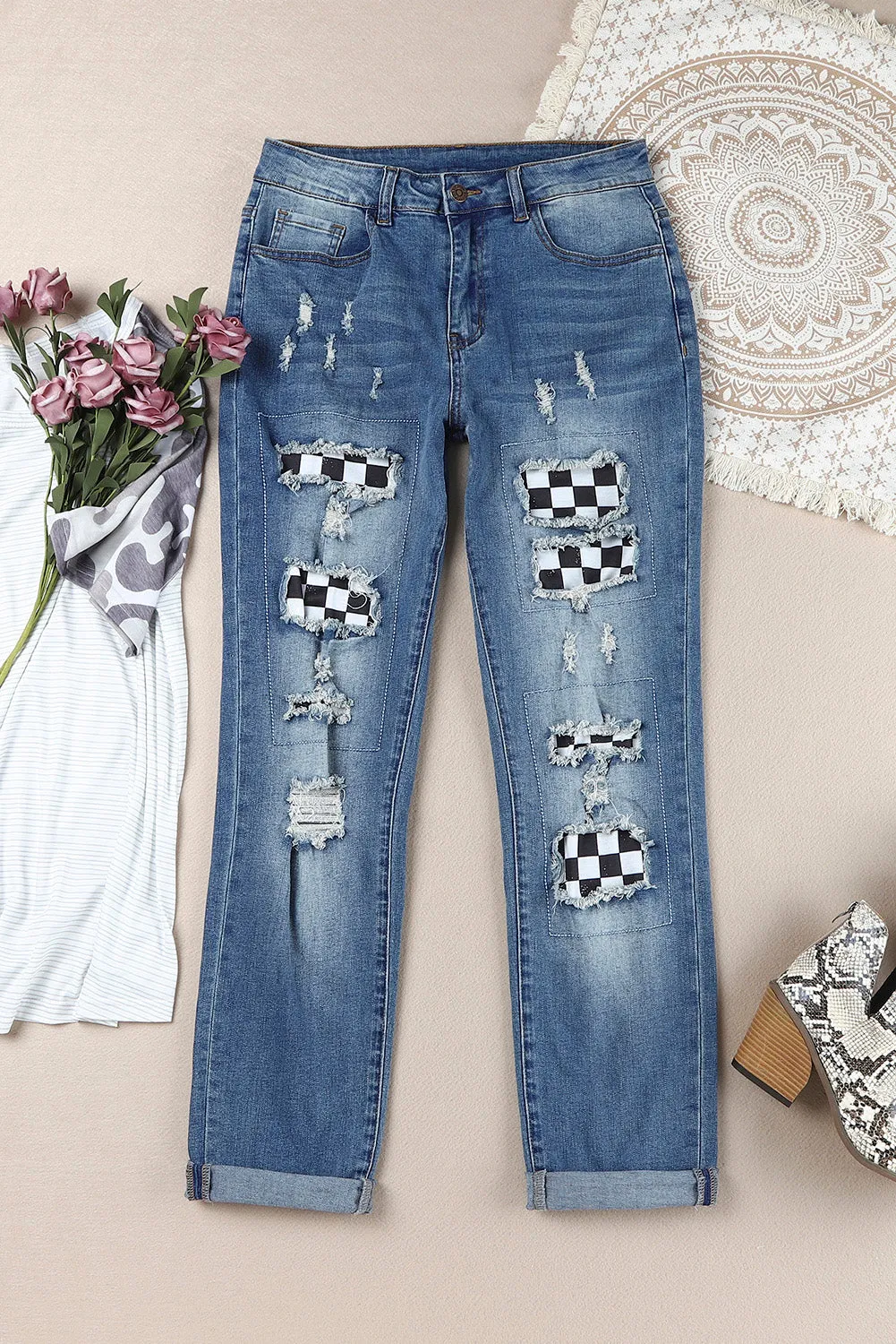 *App Exclusive* Checkered Patchwork Mid Waist Distressed Jeans