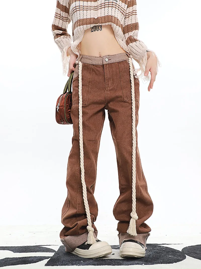 Araceli Solid Color Straight Leg Patchwork Long Denim Jeans Pants