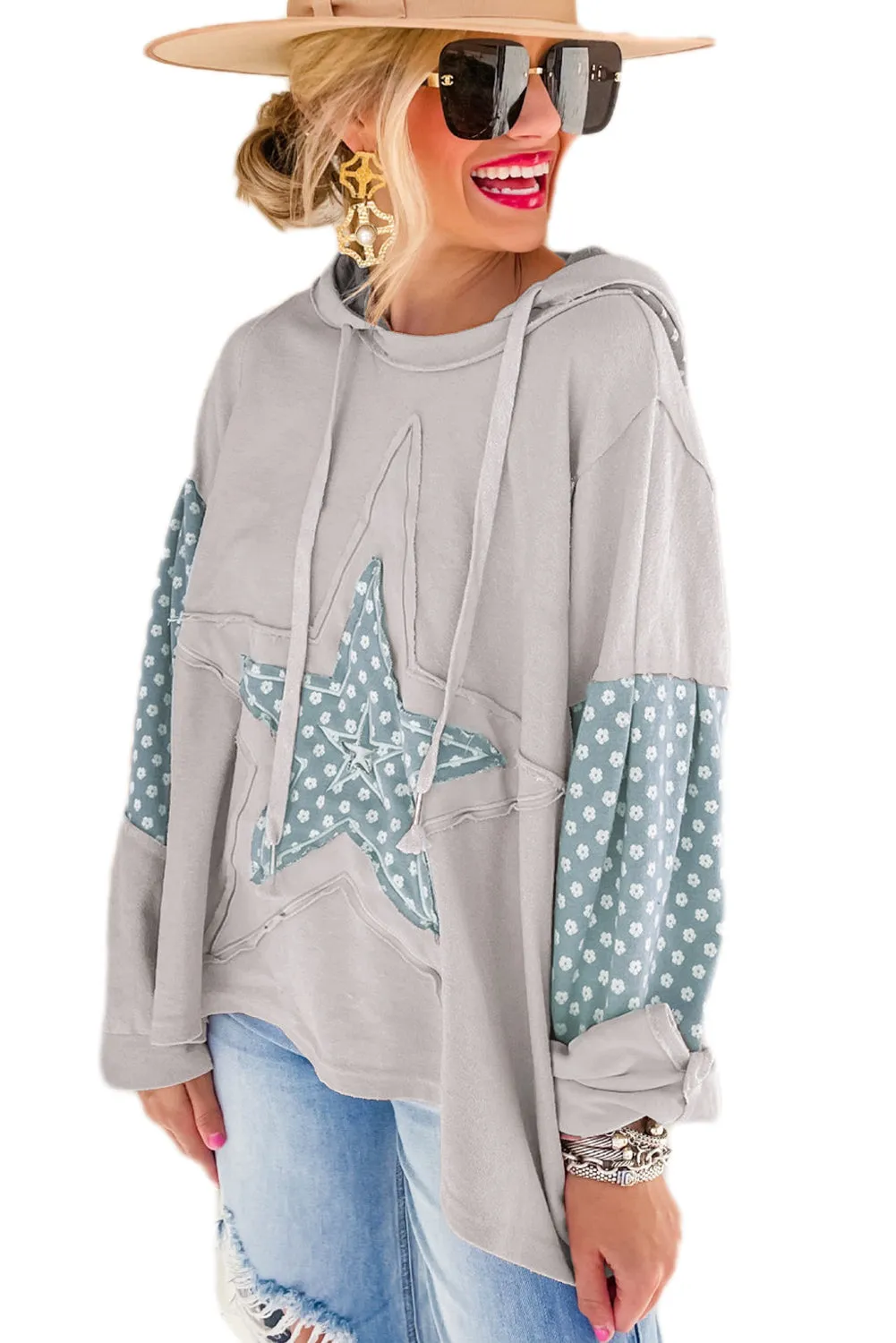 Beau Blue Floral Patchwork Star Pattern Drawstring Hoodie