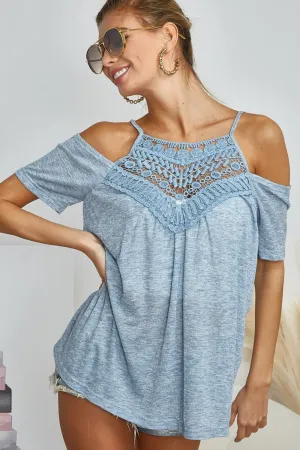 BiBi Front Crochet Lace Adjustable Strap Top in Vintage Denim