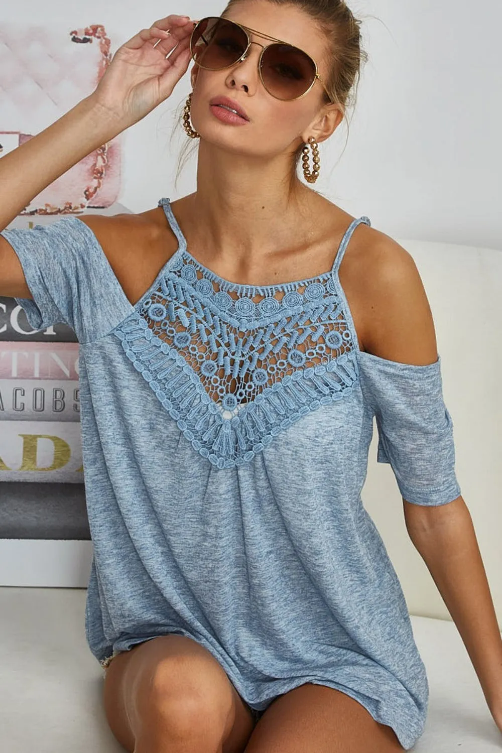 BiBi Front Crochet Lace Adjustable Strap Top in Vintage Denim