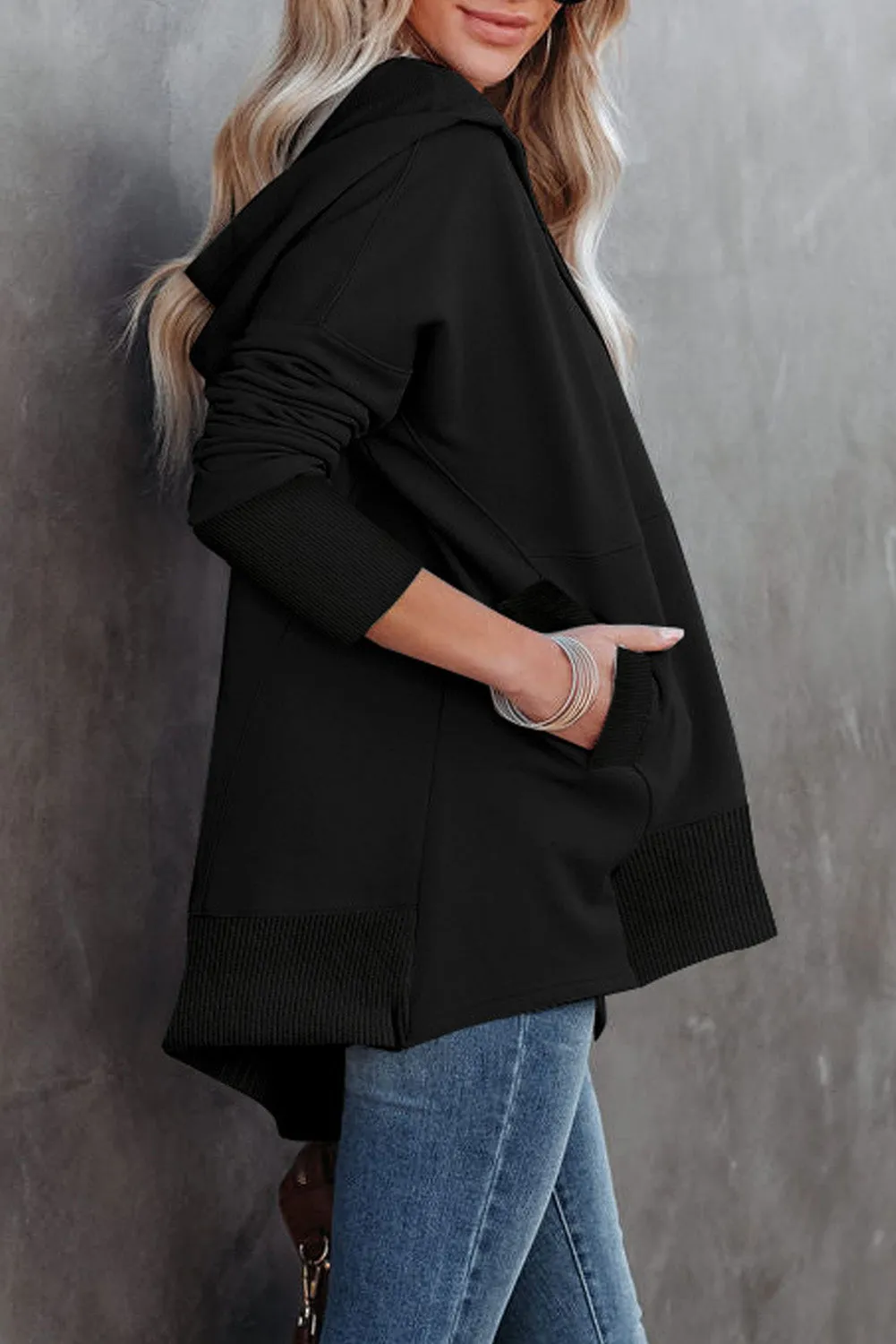 Black Batwing Sleeve Pocketed Henley Hoodie