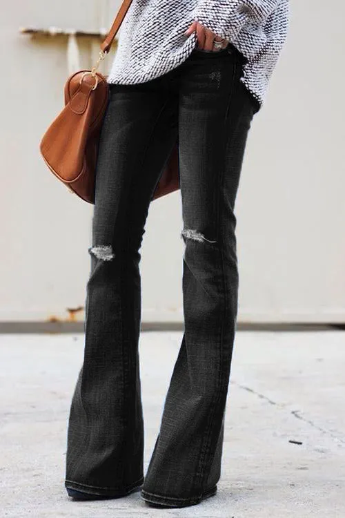 Black Ripped Knee Flared Denim Jeans