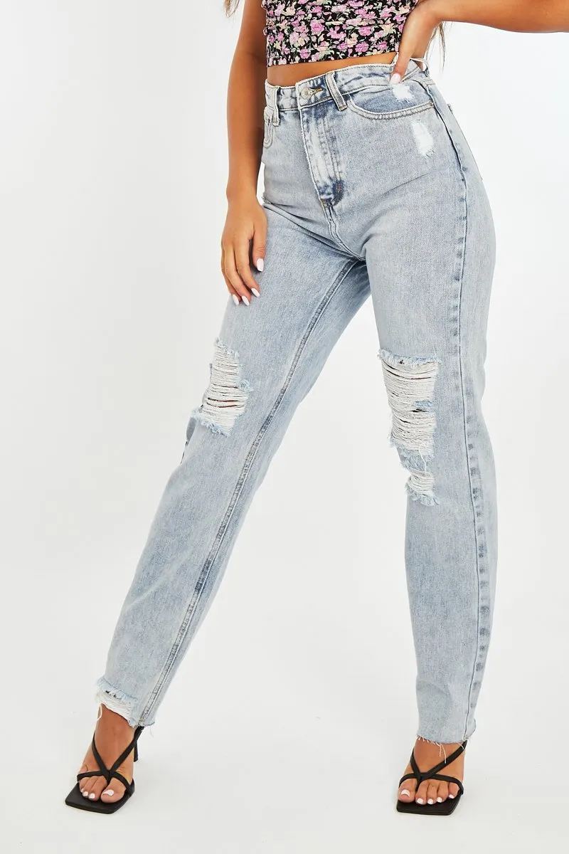 Blue Bleach Washed Distressed Straight Leg Jeans - Holly