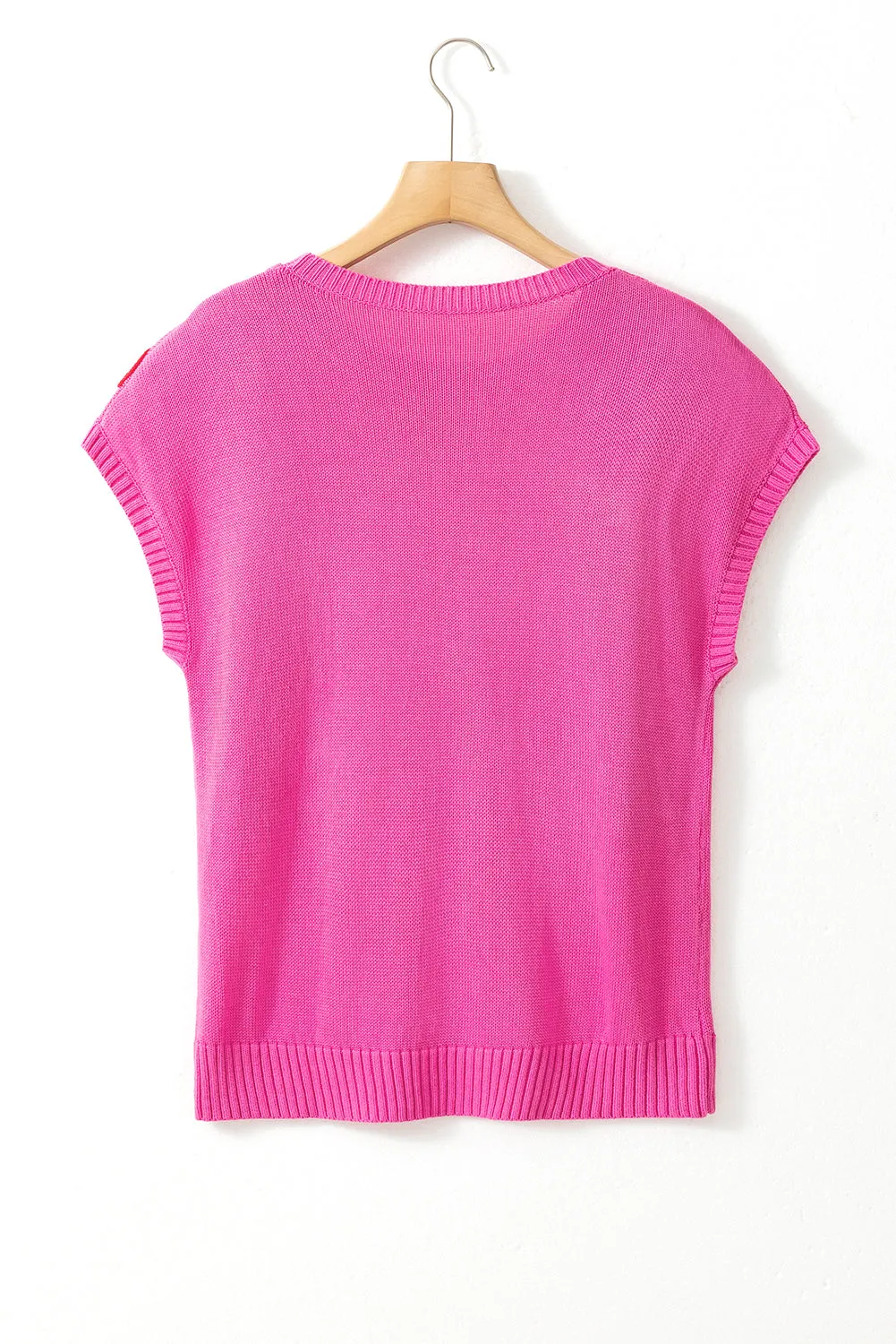 Bright Pink Corded Flower Embroidery Short Sleeve Knitwear Top