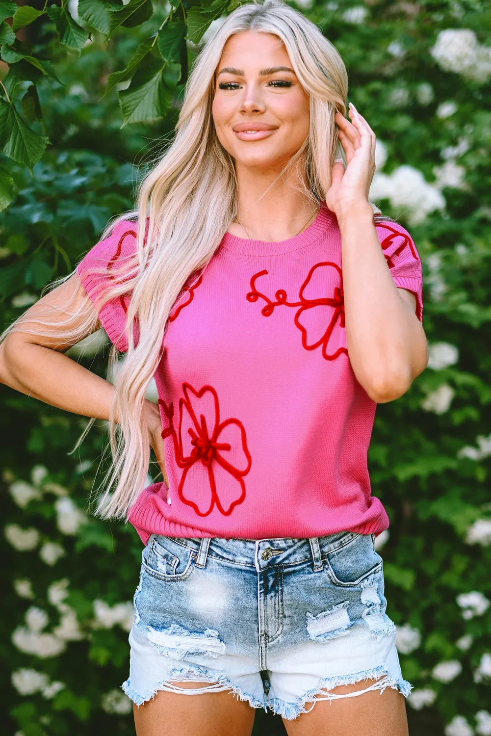 Bright Pink Corded Flower Embroidery Short Sleeve Knitwear Top