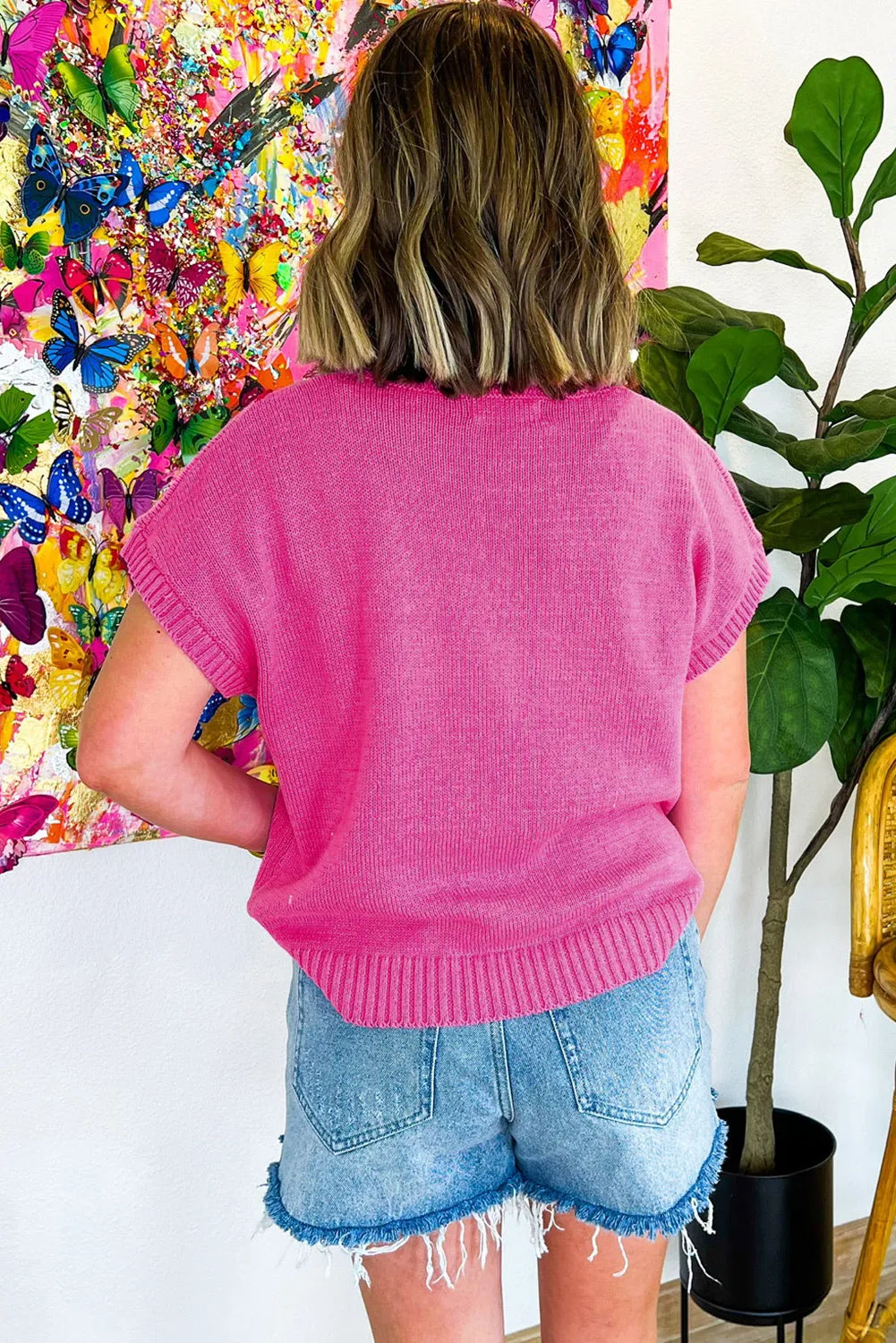 Bright Pink Flower Embroidery Short Sleeve Knitwear Top