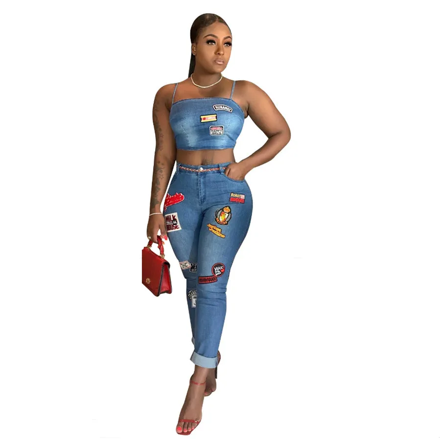 Cartoon Denim Patchwork Suspender & Jeans Wholesale Women'S 2 Piece Sets