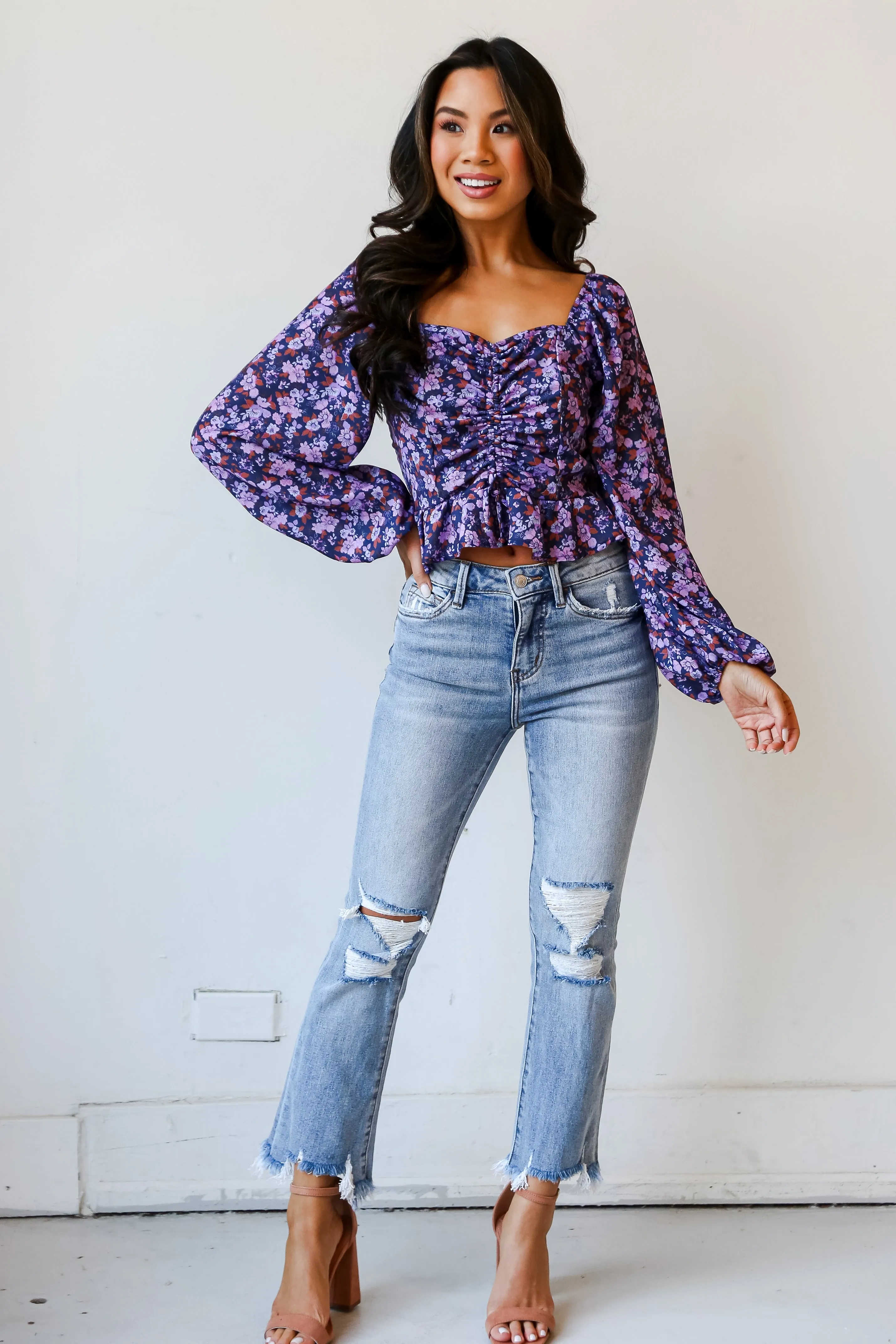 Cindy Light Wash Distressed Crop Flare Jeans Plus