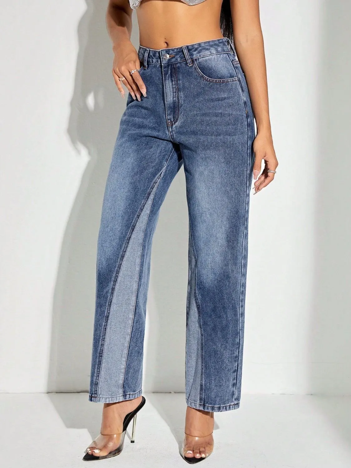 Contrast Patchwork Straight Jeans with Pockets