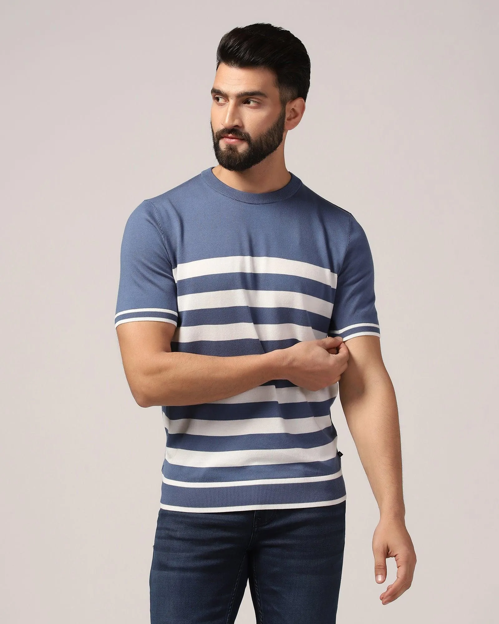 Crew Neck Powder Blue Stripe T-Shirt - Rew