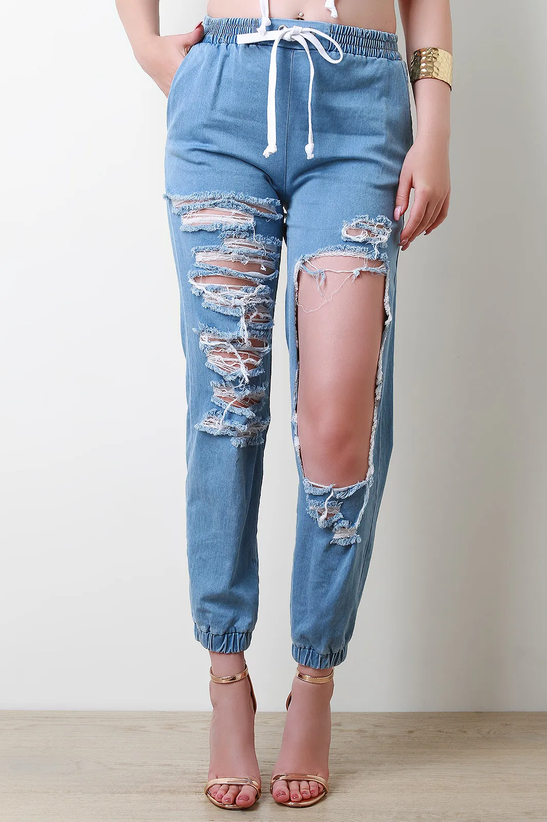 Distressed Chambray Mid Rise Jogger Pants