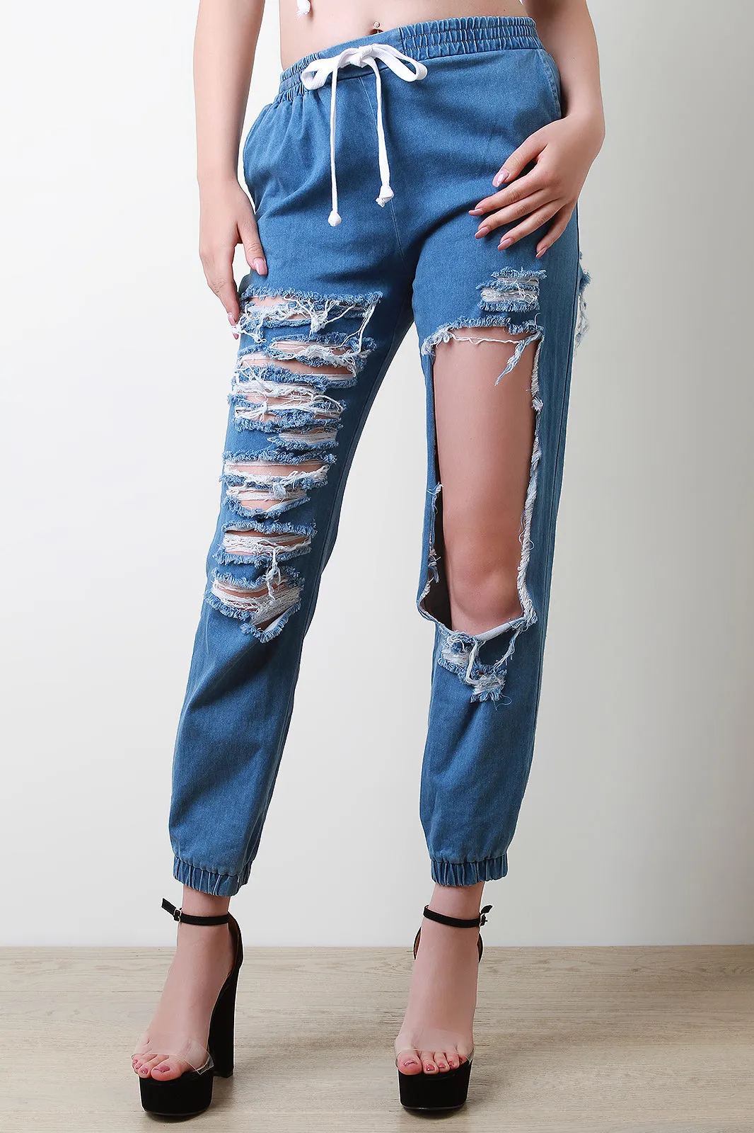 Distressed Chambray Mid Rise Jogger Pants