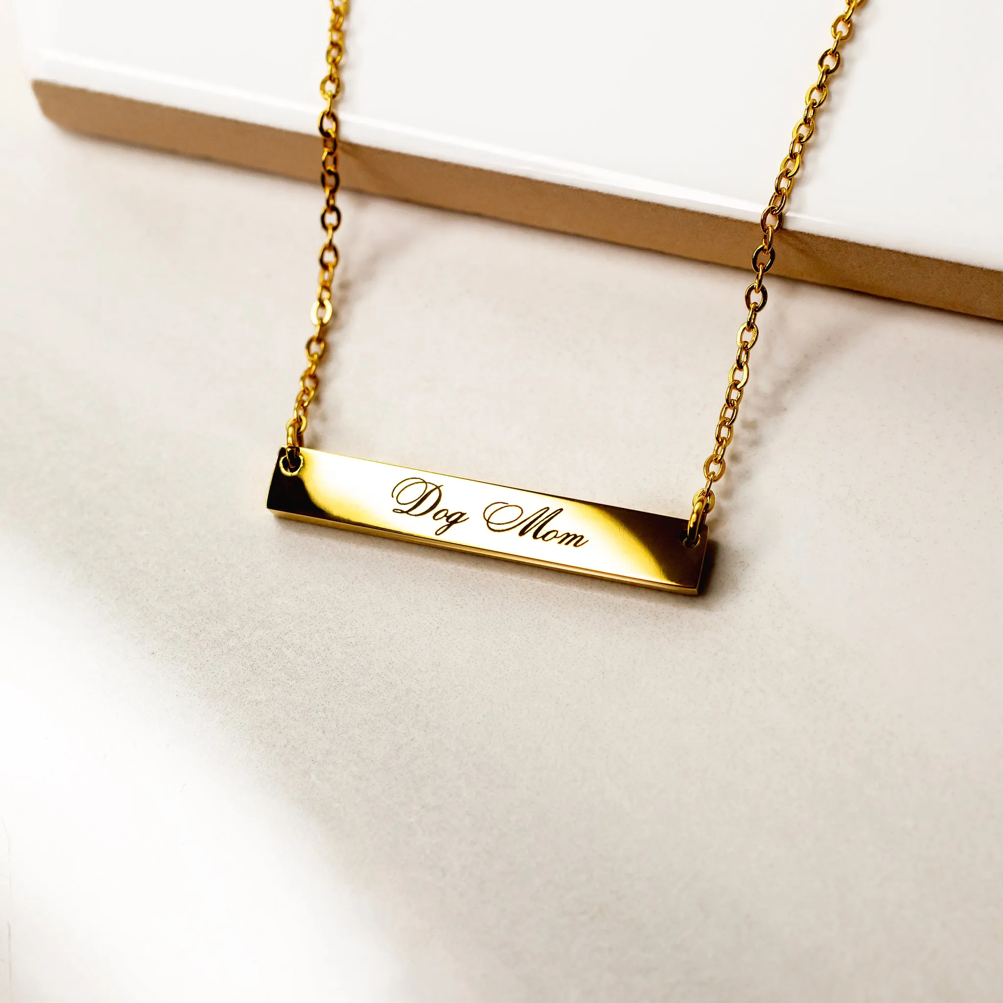 Dog Mom Horizontal Engraved Bar Necklace