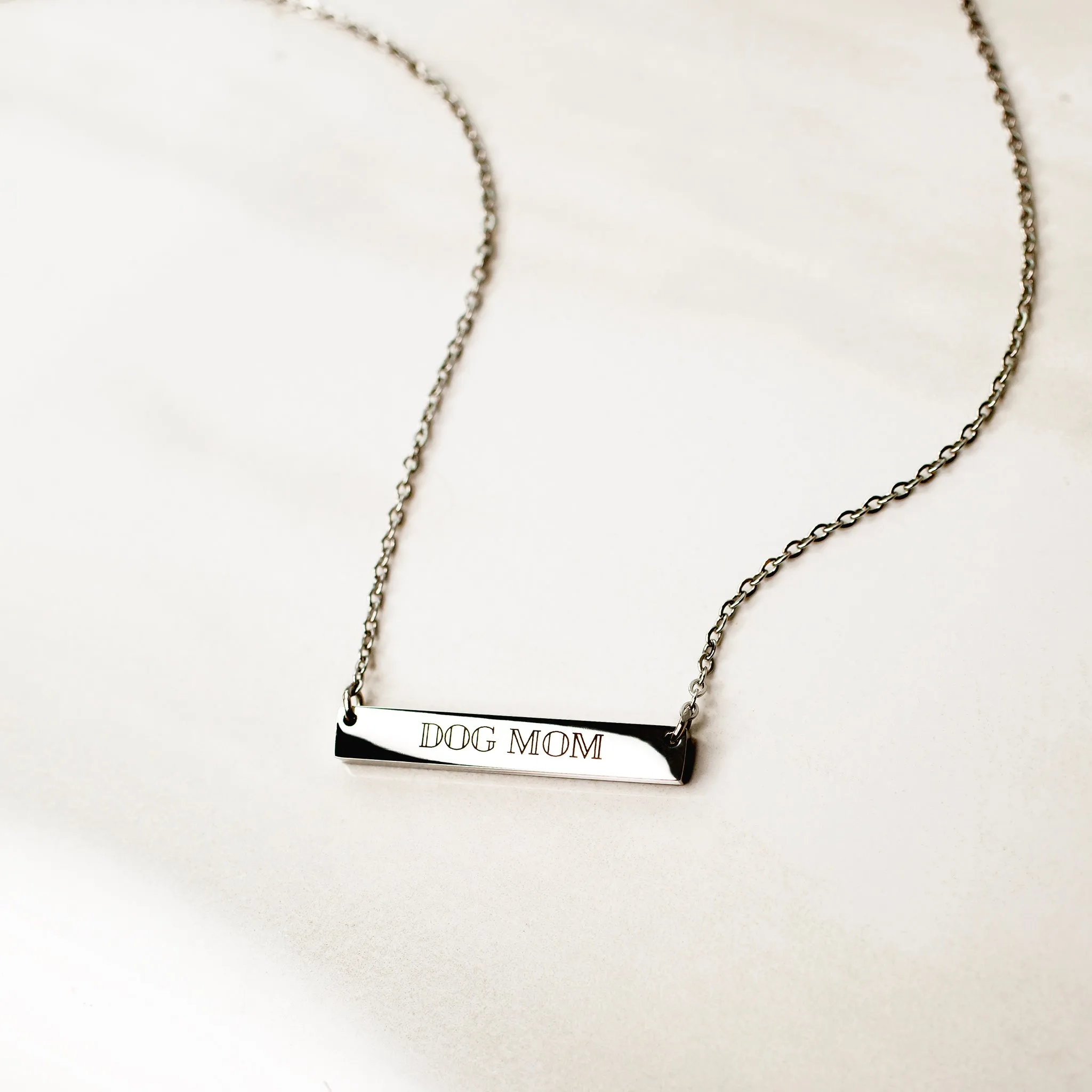 Dog Mom Horizontal Engraved Bar Necklace