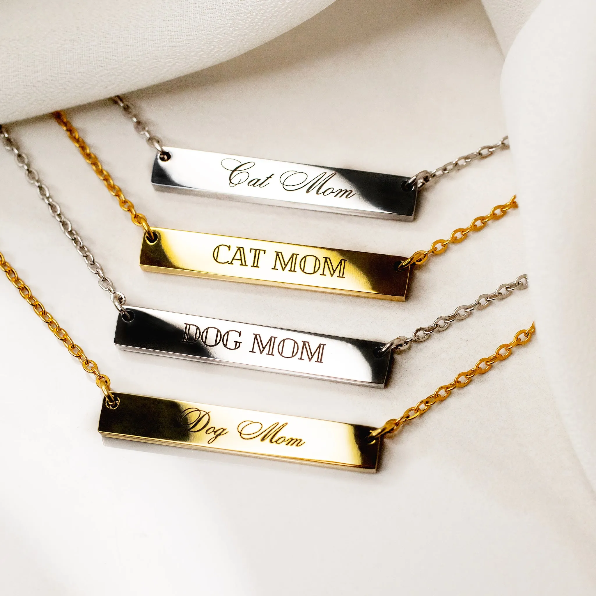 Dog Mom Horizontal Engraved Bar Necklace