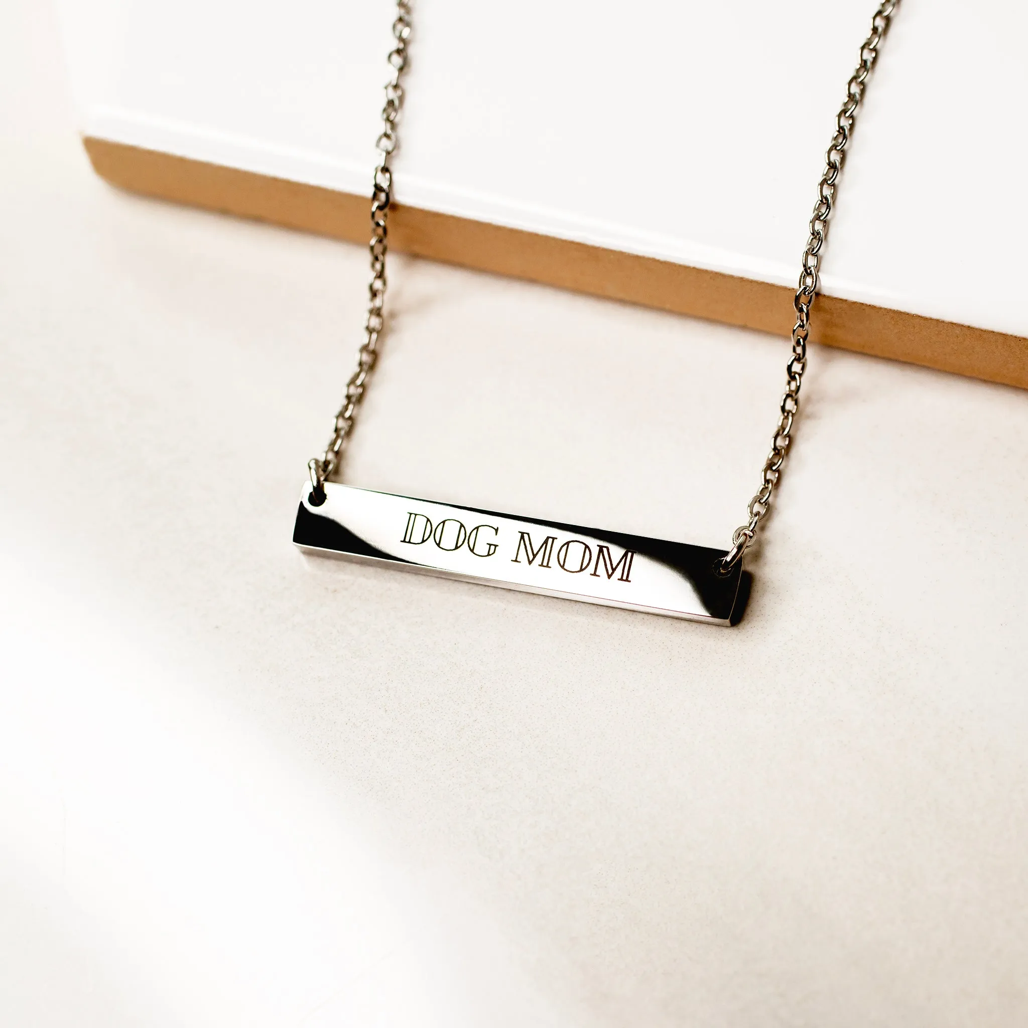 Dog Mom Horizontal Engraved Bar Necklace