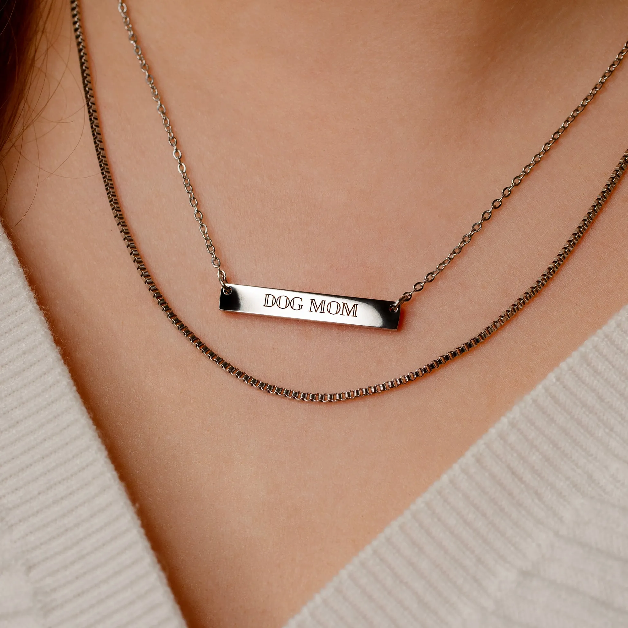 Dog Mom Horizontal Engraved Bar Necklace