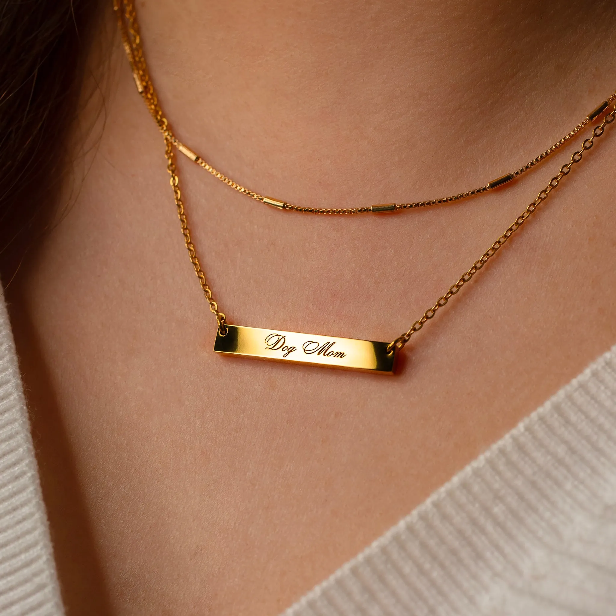 Dog Mom Horizontal Engraved Bar Necklace