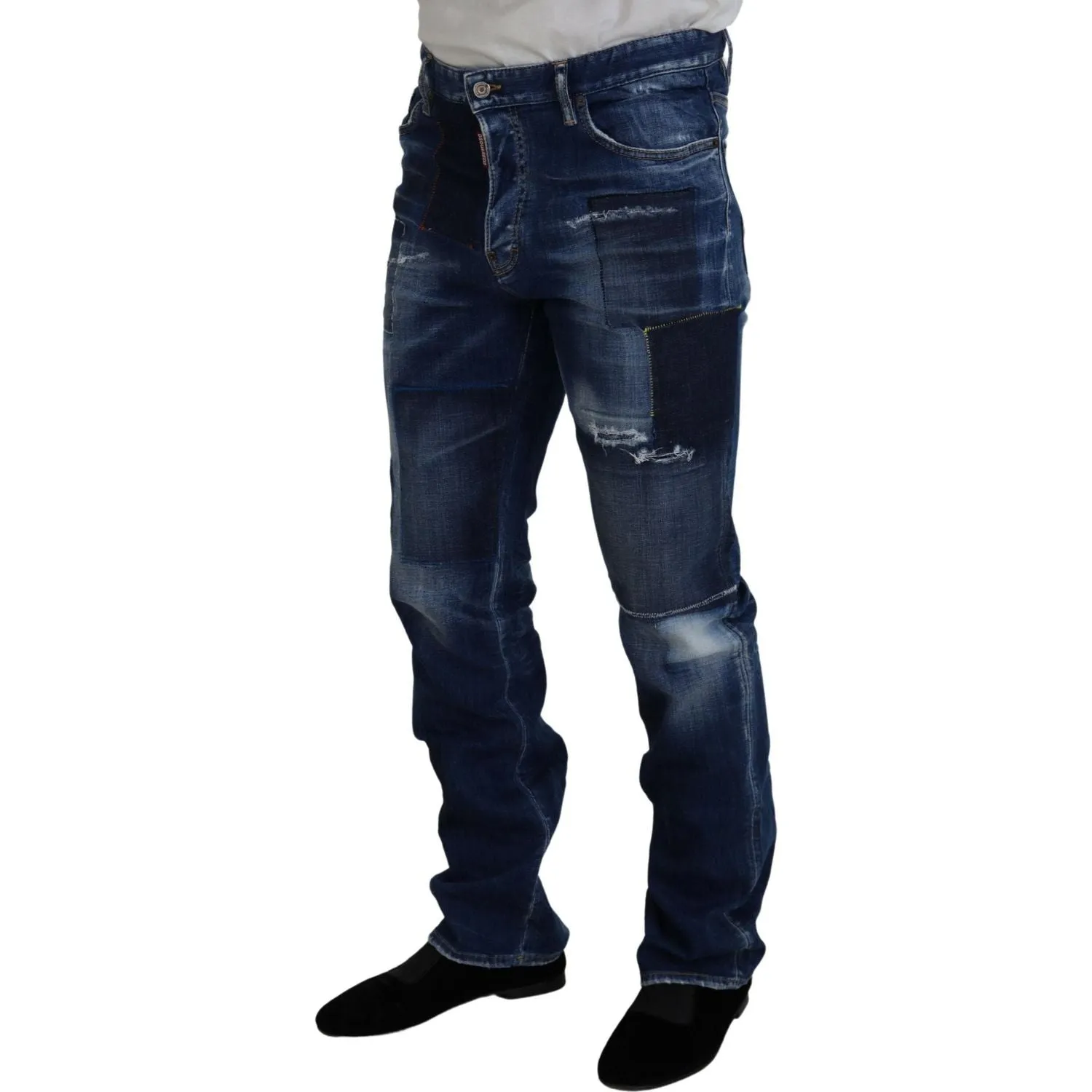 Dsquared² Blue Washed Patchwork Straight Fit Denim Jeans