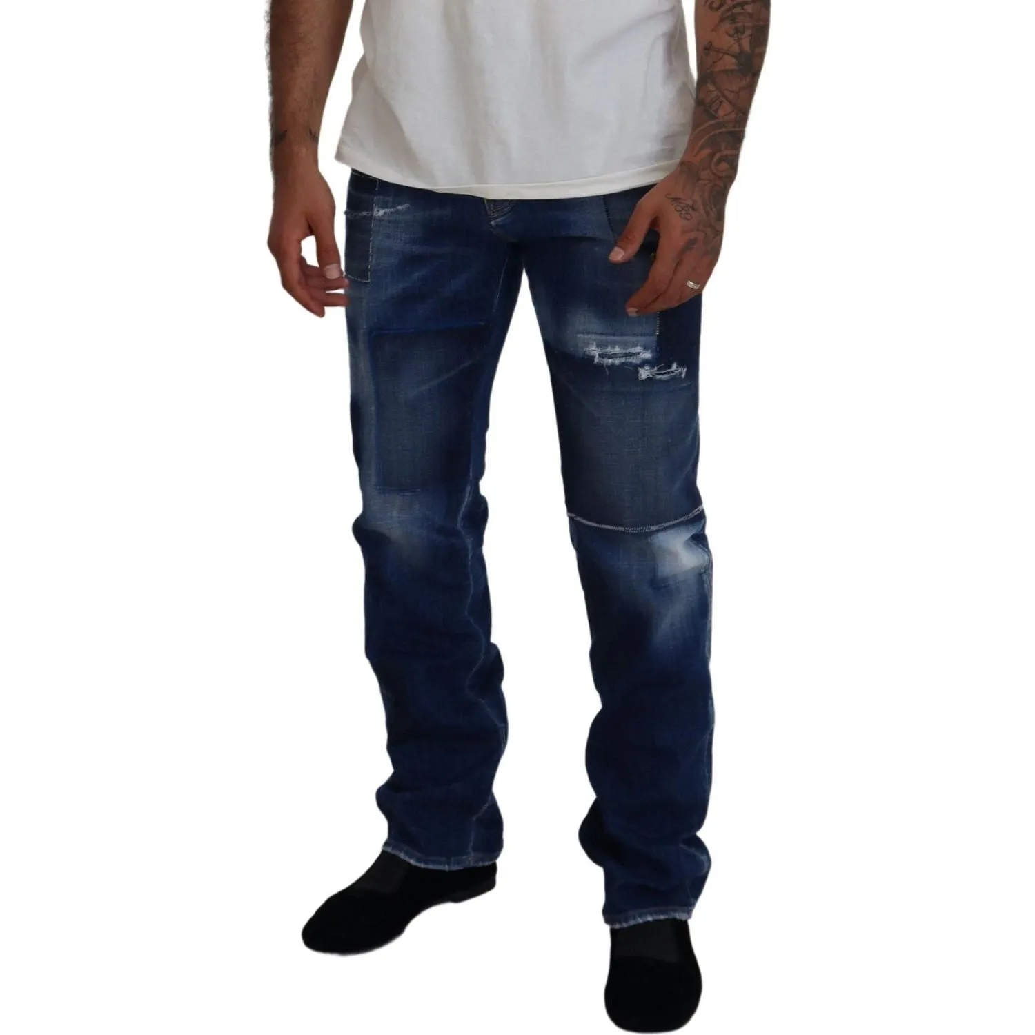 Dsquared² Blue Washed Patchwork Straight Fit Denim Jeans