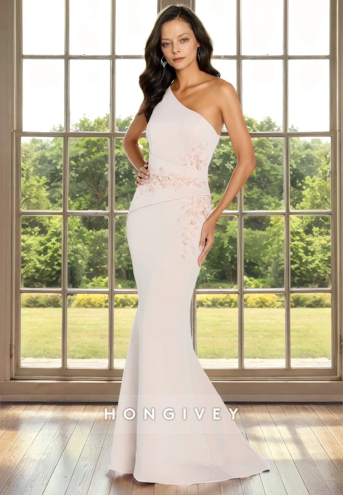 Elegant Trumpet One Shoulder Appliques Trumpet Cocktail Mother Of Bridge Dress