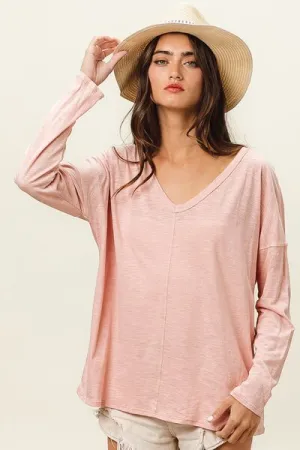 Exposed Seam V-Neck Long Sleeve T-Shirt