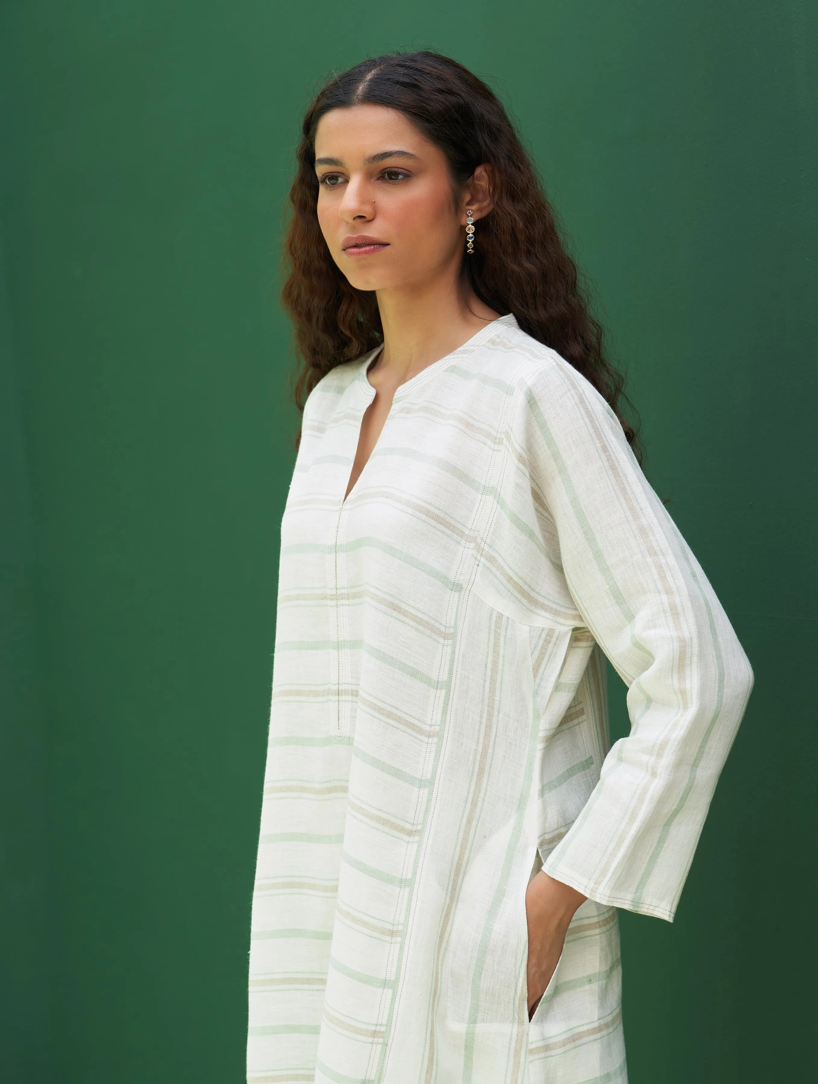 Ezra Striped Linen Kurta - Mint