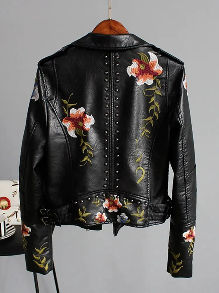 Floral Print Faux Leather Jacket