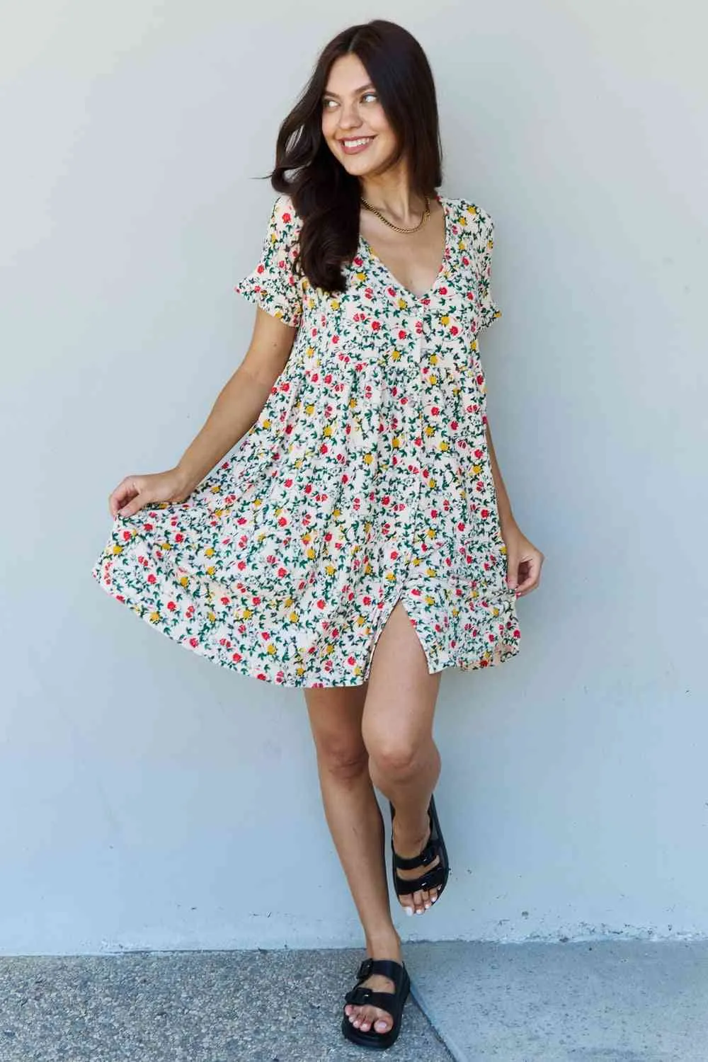 Follow Me Full Size V-Neck Ruffle Sleeve Floral Dress