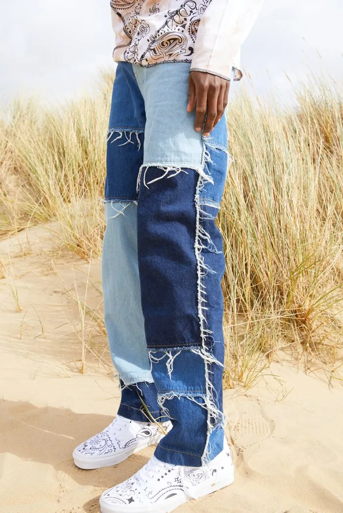 Frayed Patchwork Denim Skate Jeans