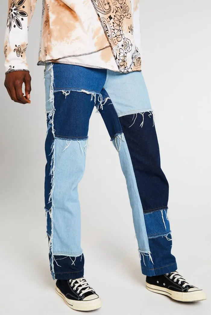 Frayed Patchwork Denim Skate Jeans