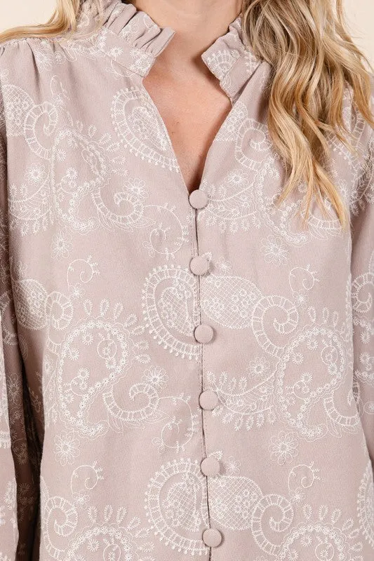 Hot Girl GeeGee Paisley Eyelet Laced Button-Up Long Sleeve Blouse