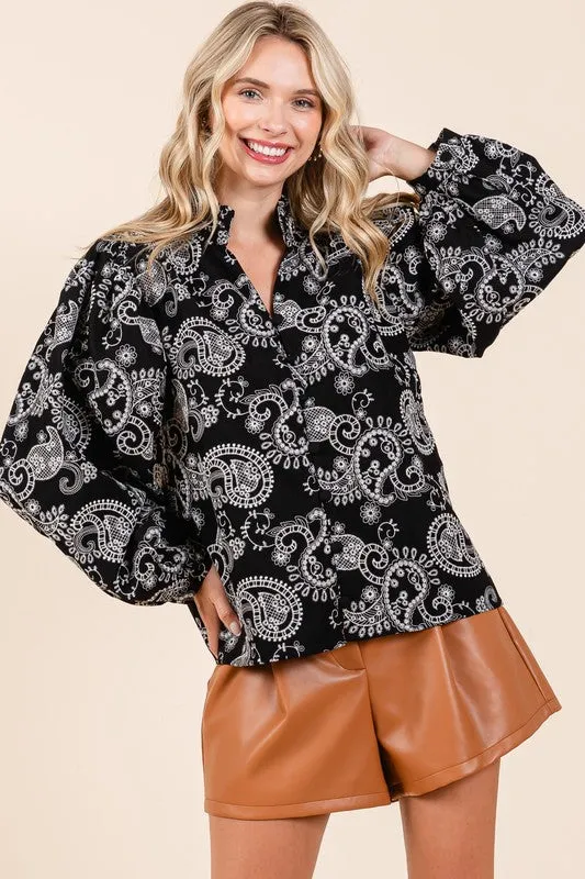 Hot Girl GeeGee Paisley Eyelet Laced Button-Up Long Sleeve Blouse