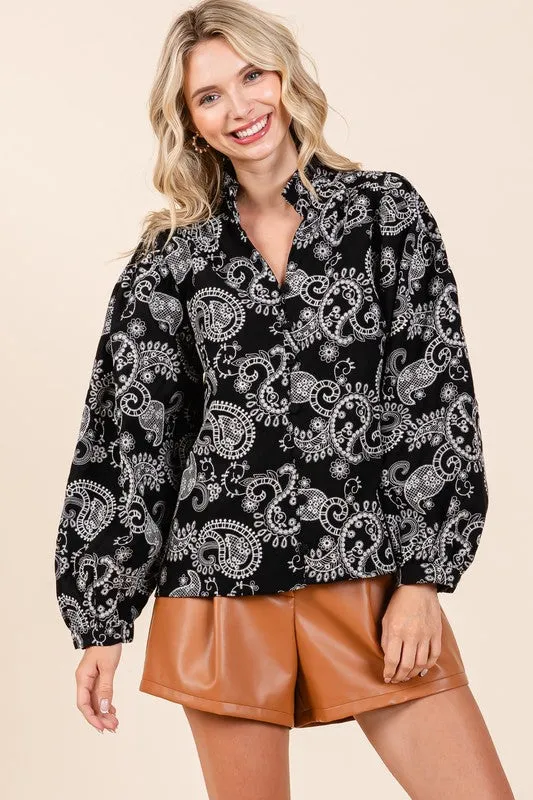 Hot Girl GeeGee Paisley Eyelet Laced Button-Up Long Sleeve Blouse