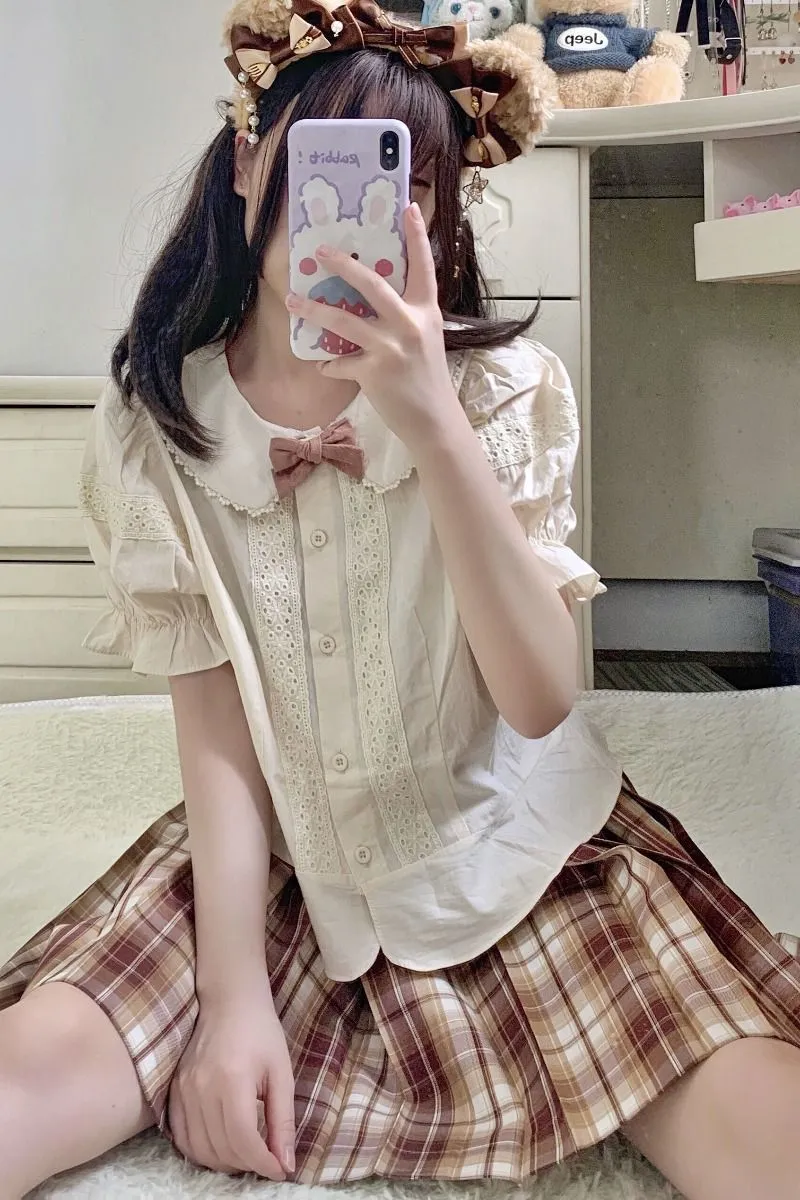 Kawaii Peter Pan Collar Eyelet Short Sleeve Lolita Blouse Shirt