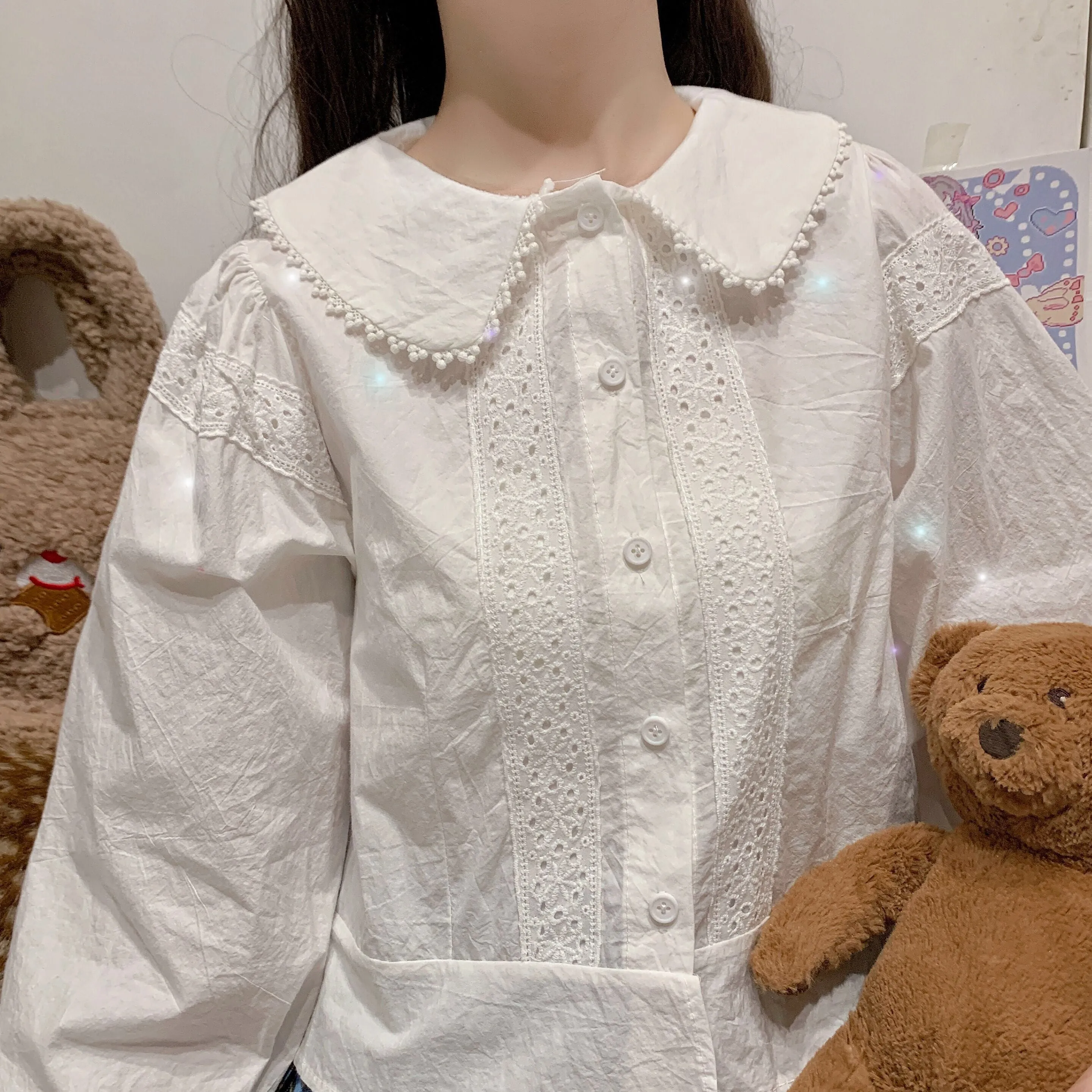 Kawaii Peter Pan Collar Eyelet Short Sleeve Lolita Blouse Shirt