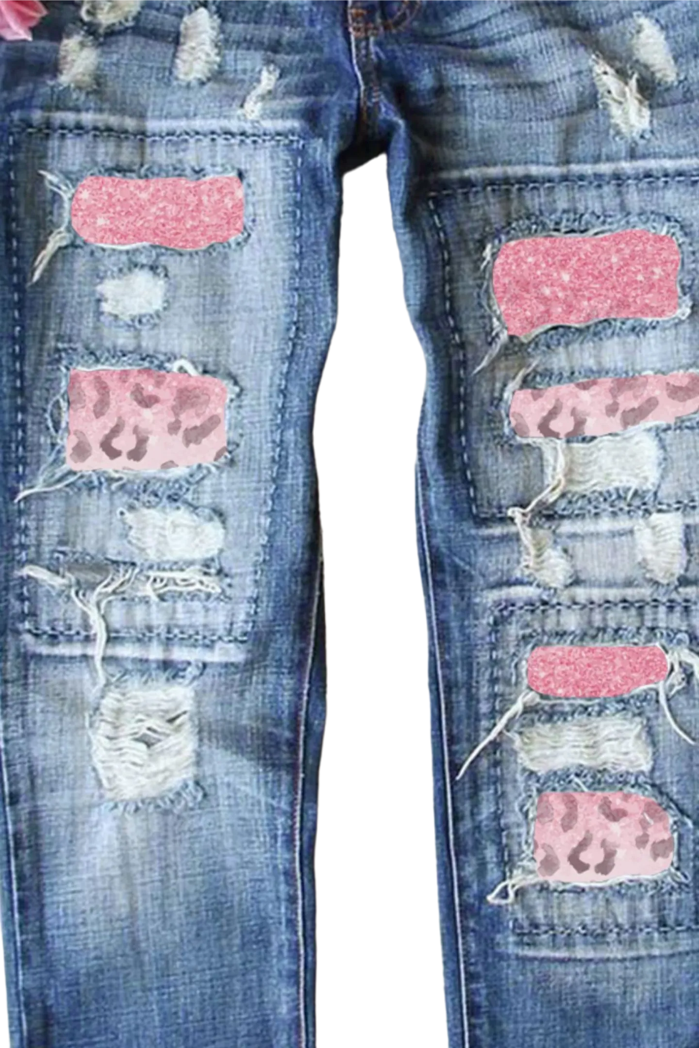 Leopard Patch Distressed Straight Leg Jeans