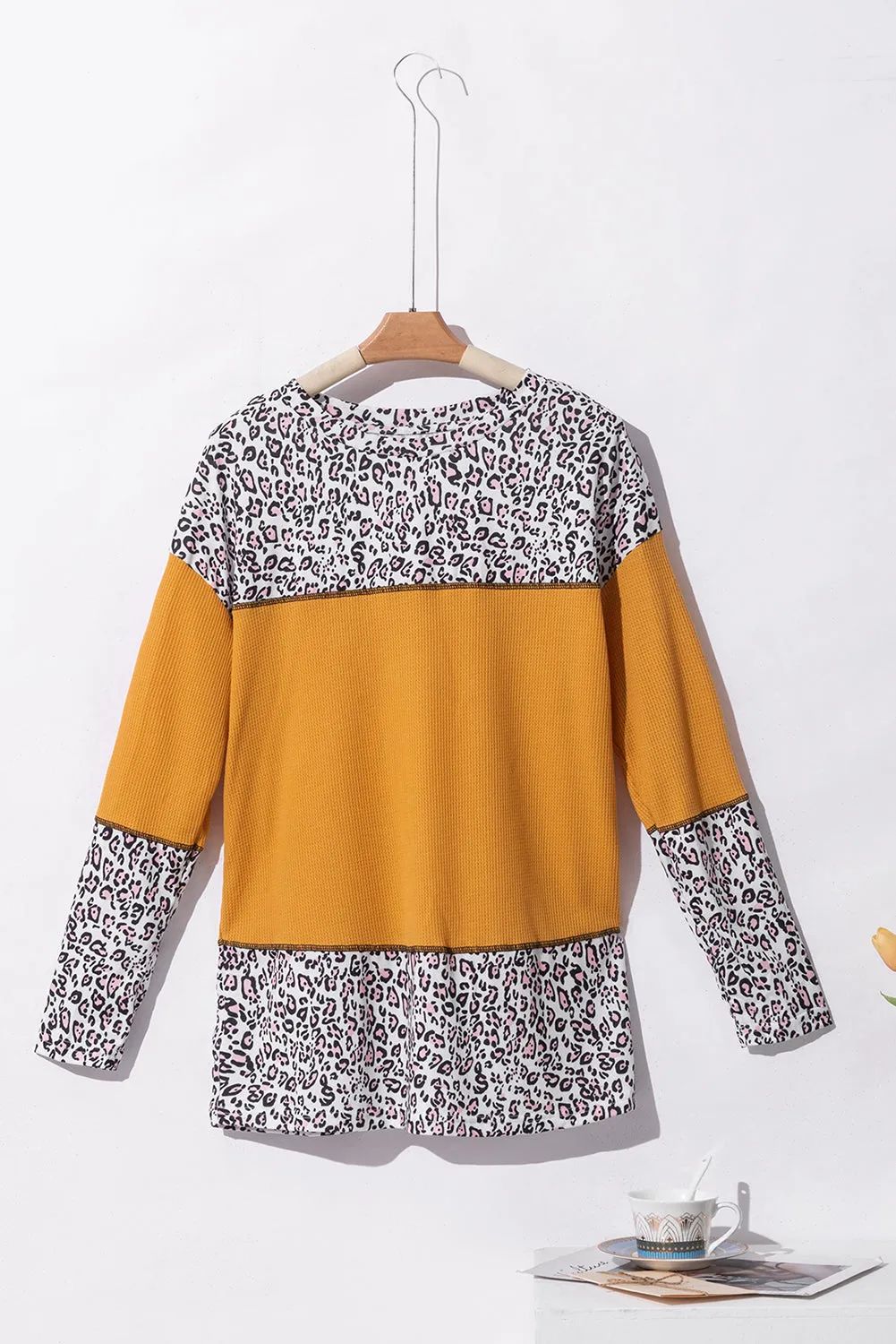 Leopard Print Waffle Knit Patchwork Top