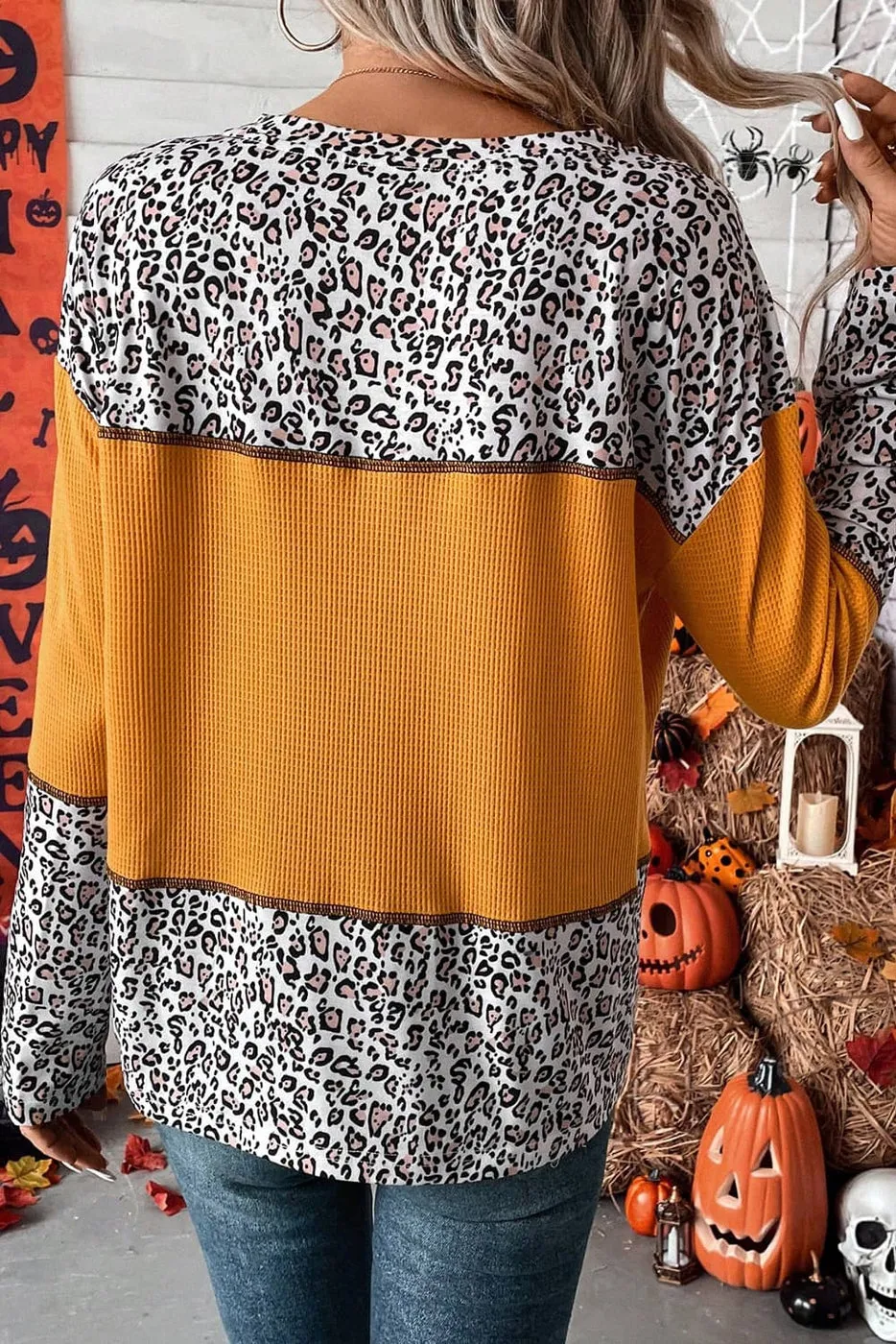 Leopard Print Waffle Knit Patchwork Top