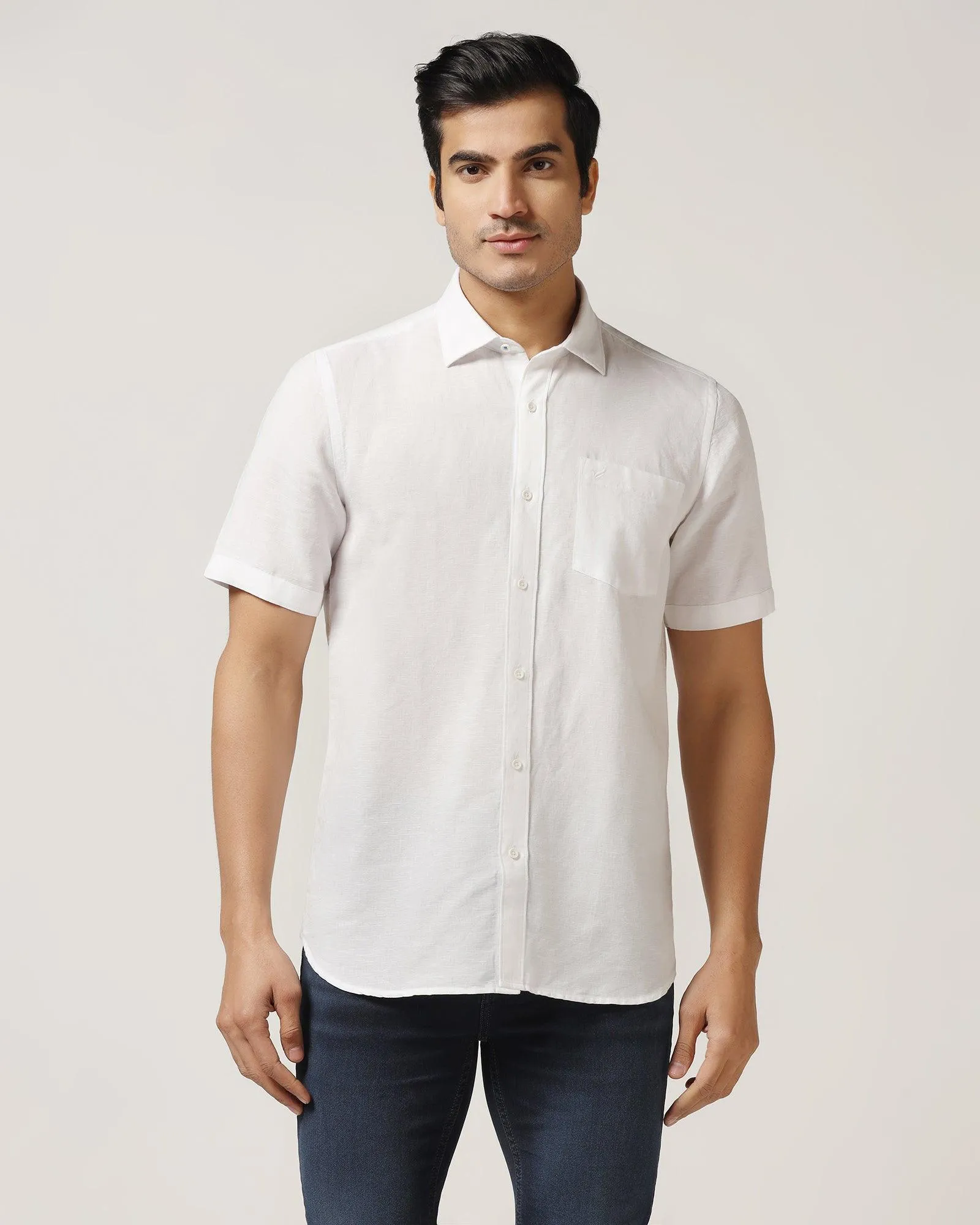 Linen Casual Half Sleeve White Solid Shirt - Salmon