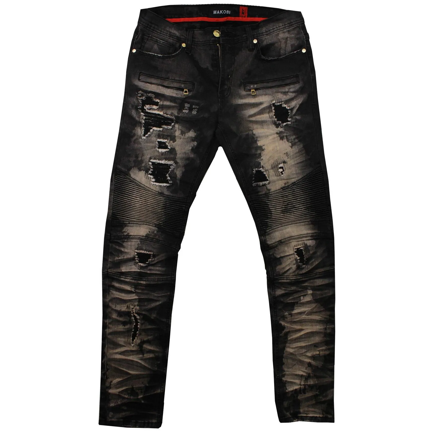 M1798 Makobi Biker Jeans with Blasting & Repair Stitching - Black Wash