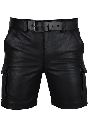 Men's Real Leather Black Cargo Shorts