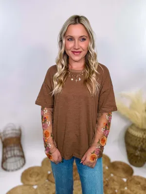 Mushroom Brown Oversized Tee with Layered Sheer Embroidered Floral Lace Mesh Sleeves