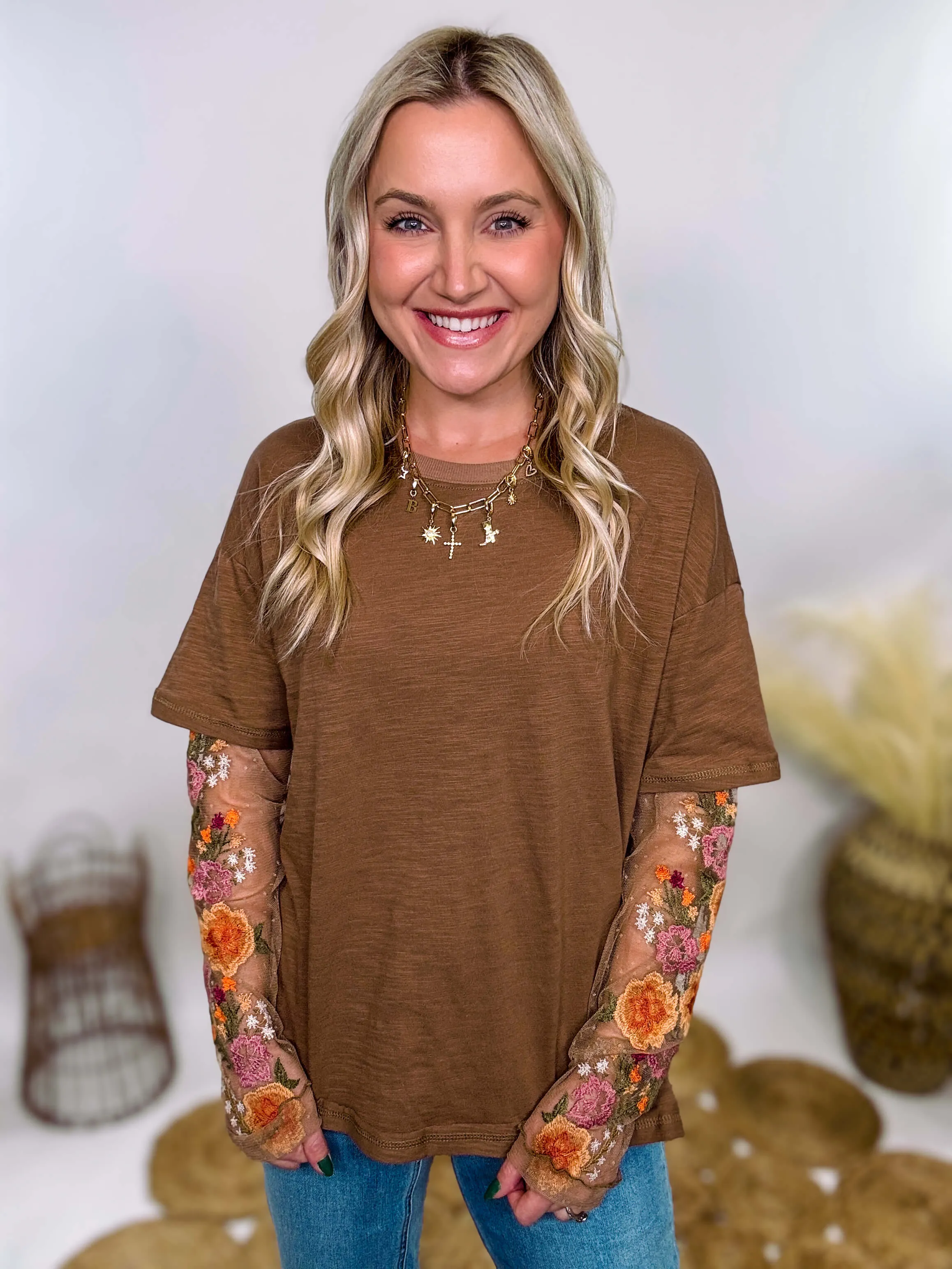 Mushroom Brown Oversized Tee with Layered Sheer Embroidered Floral Lace Mesh Sleeves