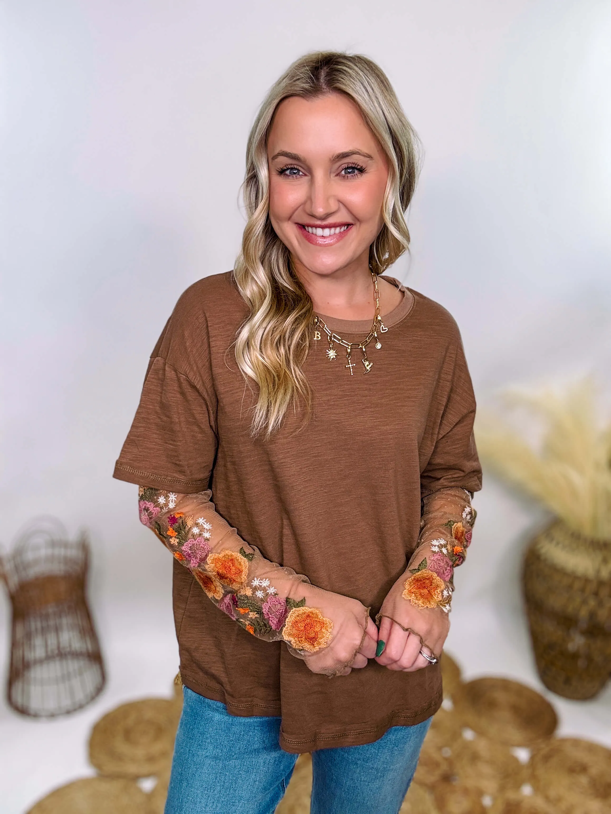 Mushroom Brown Oversized Tee with Layered Sheer Embroidered Floral Lace Mesh Sleeves